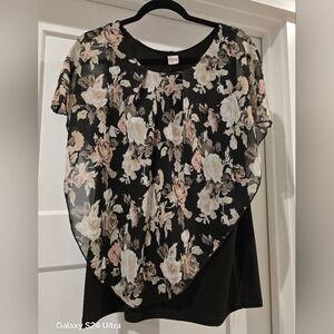 Floral Chiffon Overlay Black Top